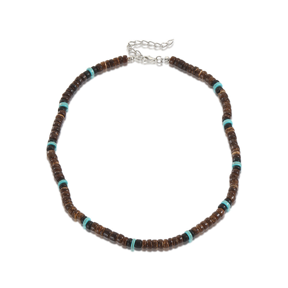 Collar corto con cuentas de madera de concha de coco bohemio para hombre, con tiras apiladas y cuentas turquesas, cadena de clavícula.