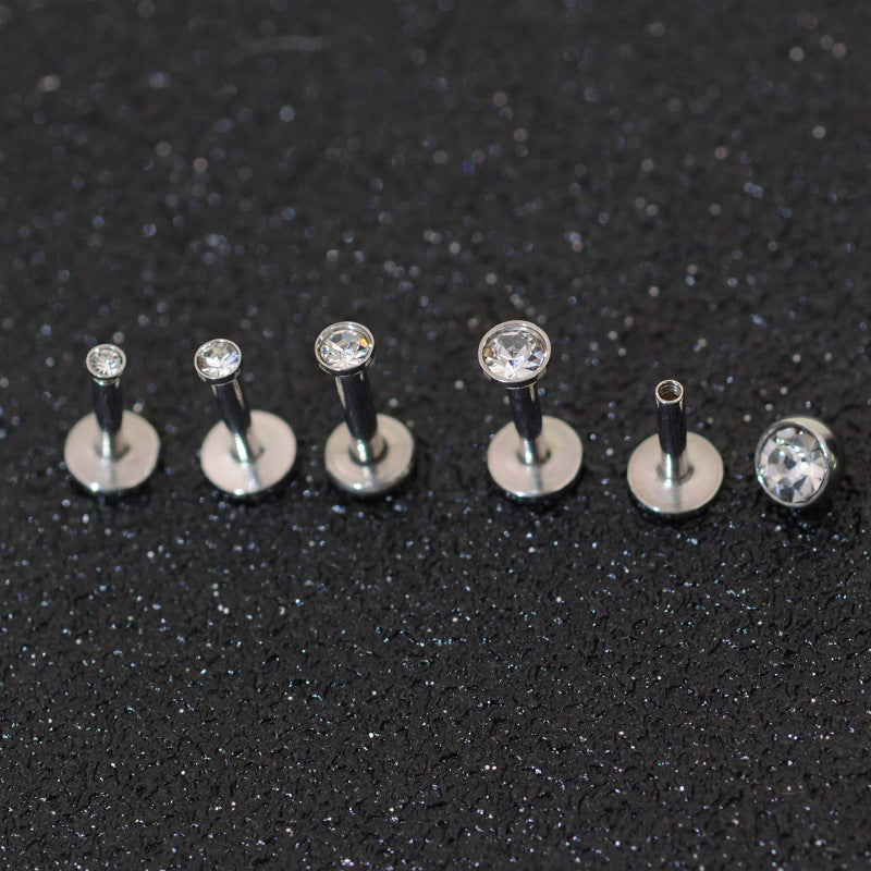 Perno de labio con perforación de bolsa de acero inoxidable de 1,5-4 mm y circonita de 1,2 mm con perforación para nariz y oreja. 