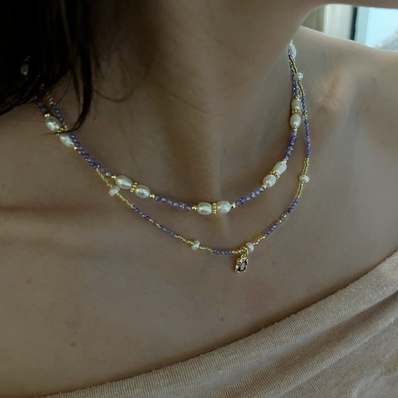 Collar de cristal con perlas naturales de agua dulce y cadena de clavícula apilada 