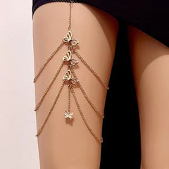 Cadena para el cuerpo con forma de mariposa dorada multicapa de encaje elástico sexy para la pierna 