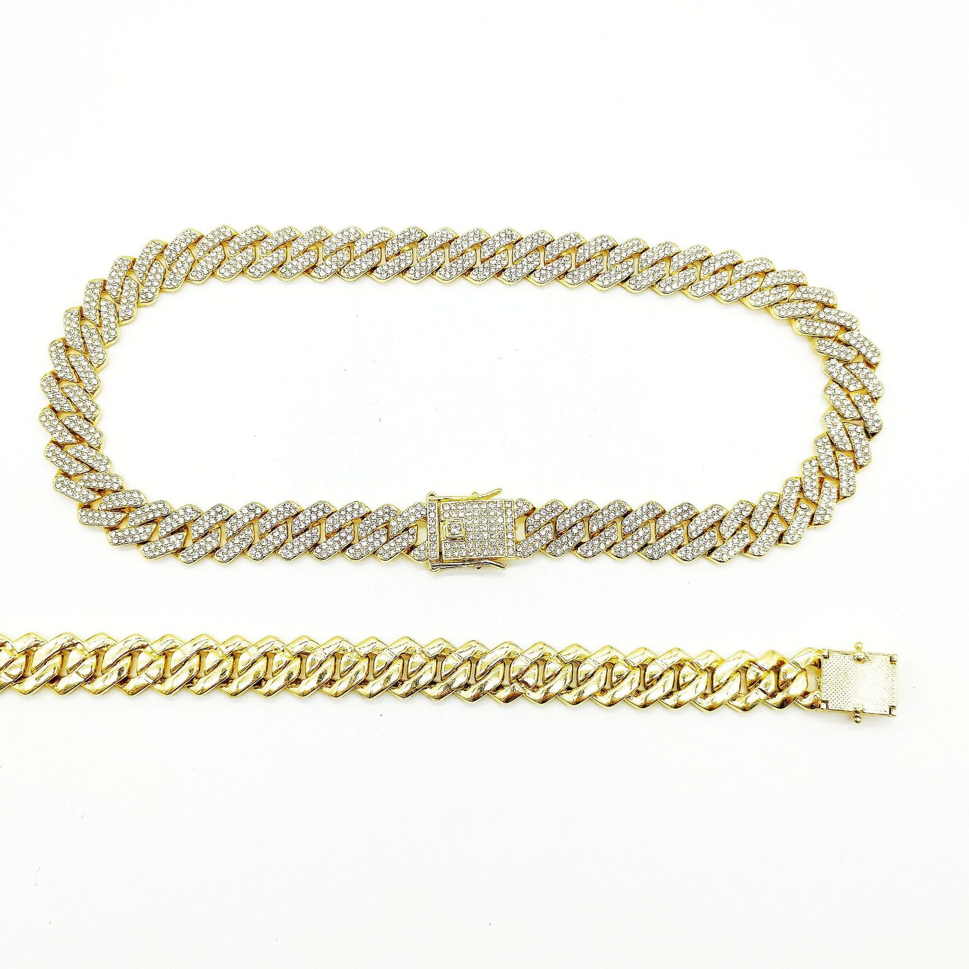 Collar de estilo hip hop para hombre con cadena cubana de aleación y diamantes de 14 mm en forma de rombo. 