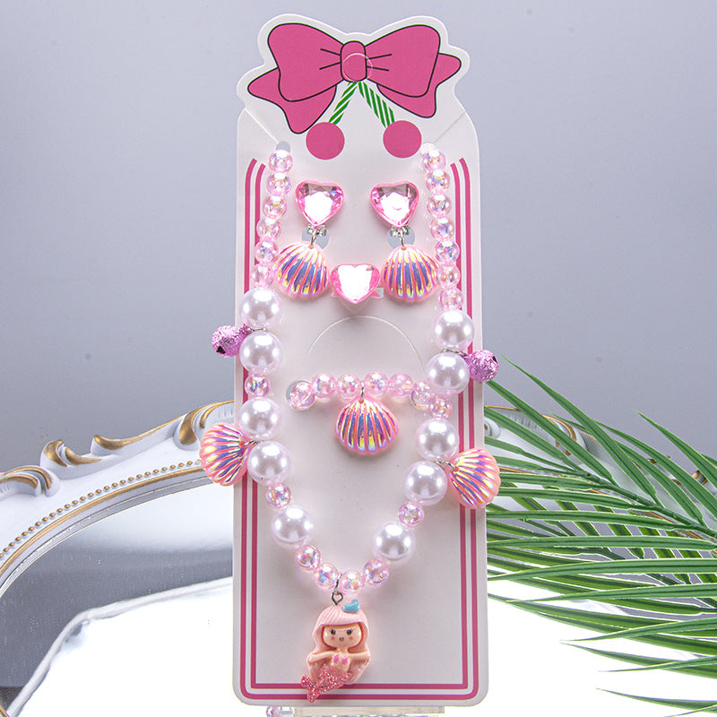 Conjunto de joyería de dibujos animados para niños, collar de perlas hecho a mano, pulsera, anillo, concha, cola de pez, unicornio 