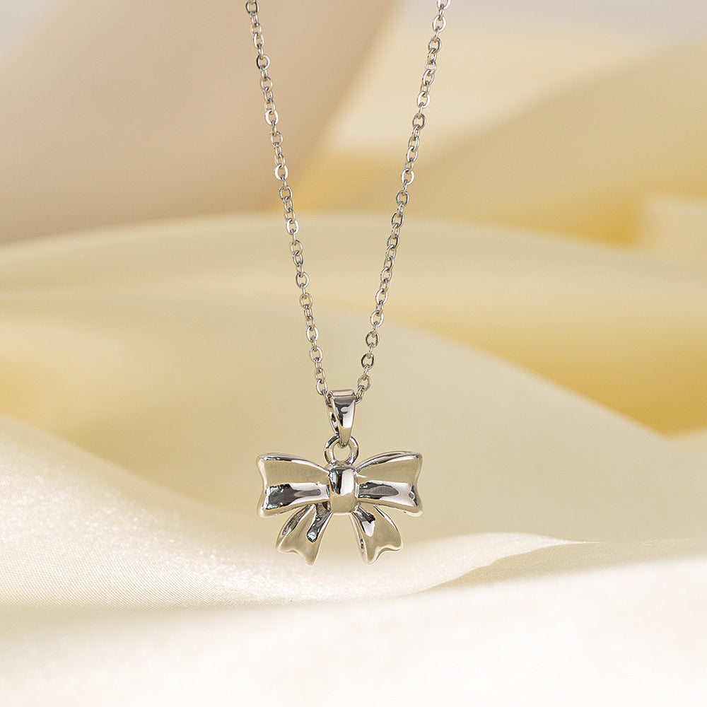 Wholesale Jewelry Sweet Simple Style Star Heart Shape Bow Knot Titanium Steel Zircon Plating Inlay Pendant Necklace