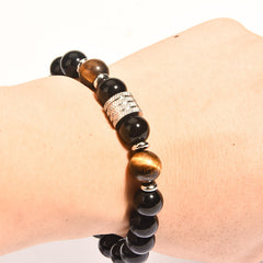 Pulsera de acero inoxidable con cuentas negras de obsidiana y ojo de tigre para hombre