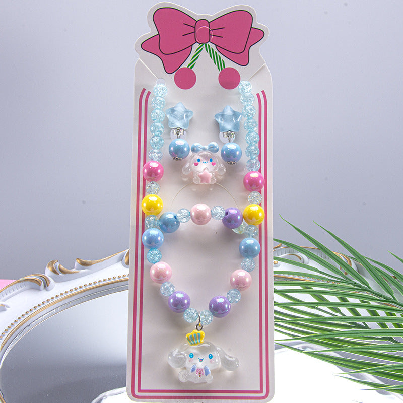 Conjunto de joyería de dibujos animados para niños, collar de perlas hecho a mano, pulsera, anillo, concha, cola de pez, unicornio 