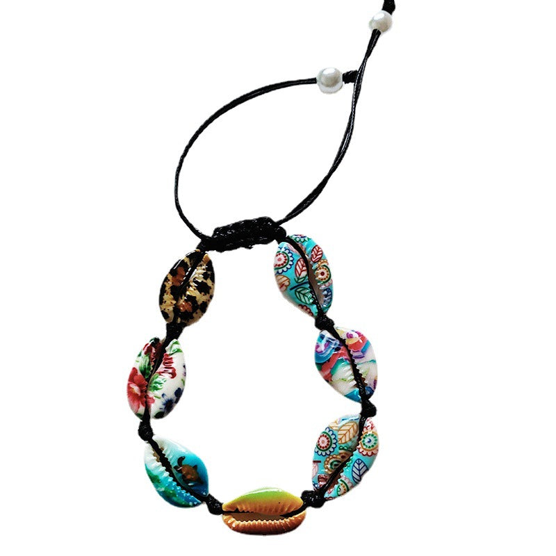 Pulsera tejida de conchas naturales bohemias con cuentas de hilo encerado, pulsera de perlas pintada a mano DIY 