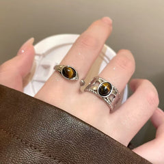 Anillo ajustable con apertura de piedra de ojo de tigre para dedo índice femenino 