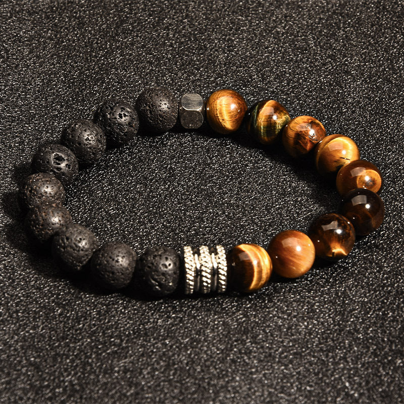 Pulsera de acero inoxidable con cuentas negras de obsidiana y ojo de tigre para hombre