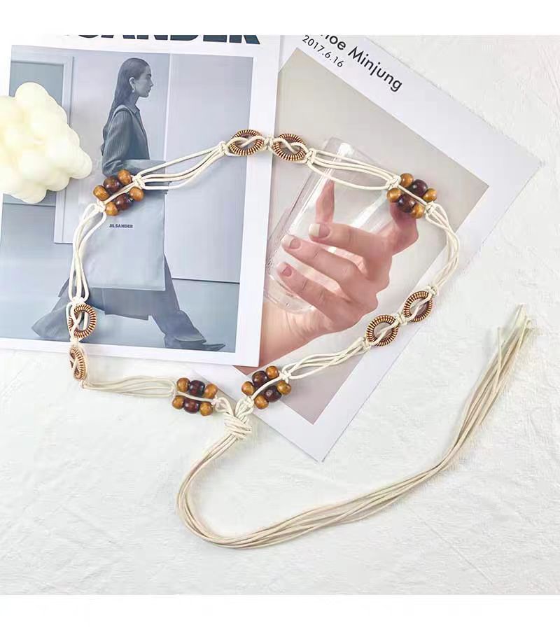 Rhinestone Butterfly Waist Chain, Hand-woven Wood Bead Wax Rope Belt, Bohemian Body Chain