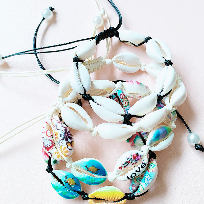 Pulsera tejida de conchas naturales bohemias con cuentas de hilo encerado, pulsera de perlas pintada a mano DIY 