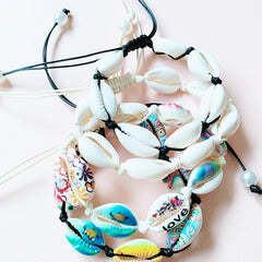 Pulsera tejida de conchas naturales bohemias con cuentas de hilo encerado, pulsera de perlas pintada a mano DIY 