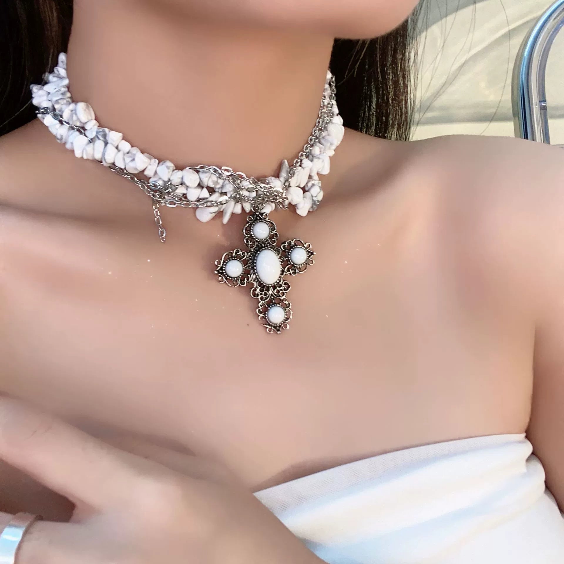 Collar de cadena cubana para hombre con circonitas cruzadas de acero y titanio 