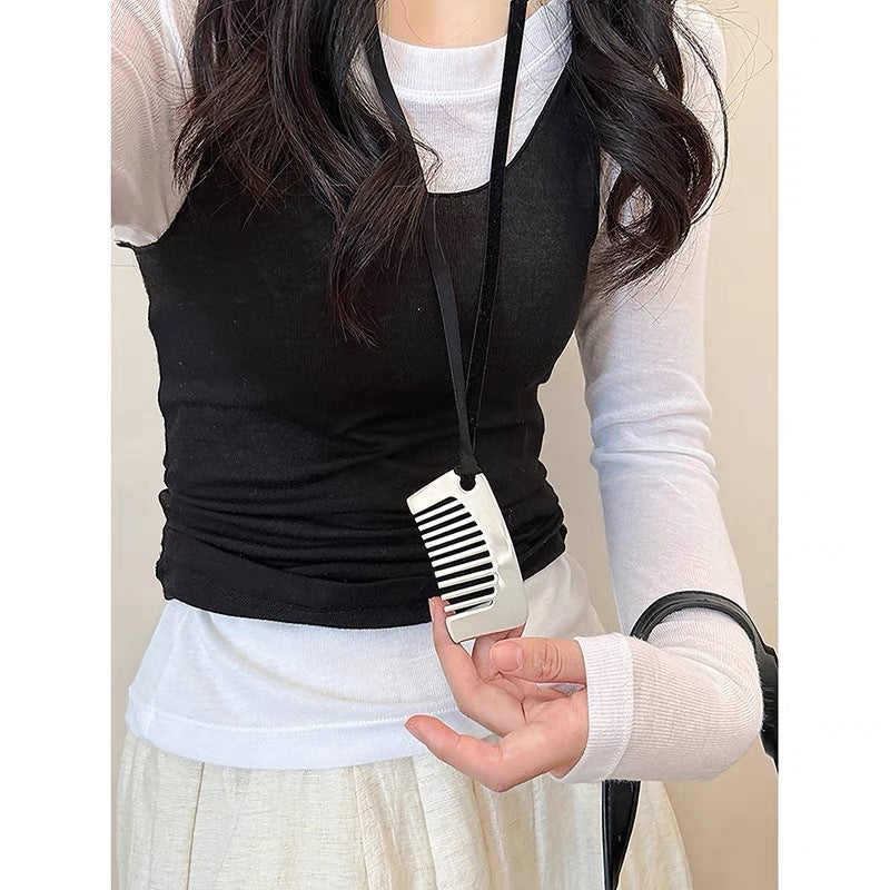 Collar negro de mujer con cadena de suéter larga en forma de U 