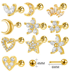 Copper head diamond stud earrings elegant stainless steel moon heart earrings female star fashion earbone stud