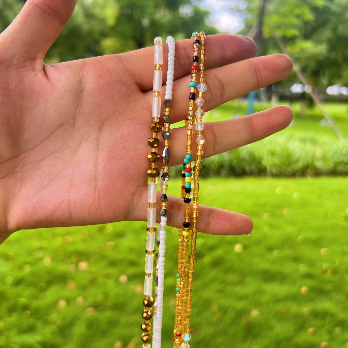 Cadena corporal de cuentas hecha a mano, cadena elástica para cintura con cuentas de arroz de colores de gran tamaño. 