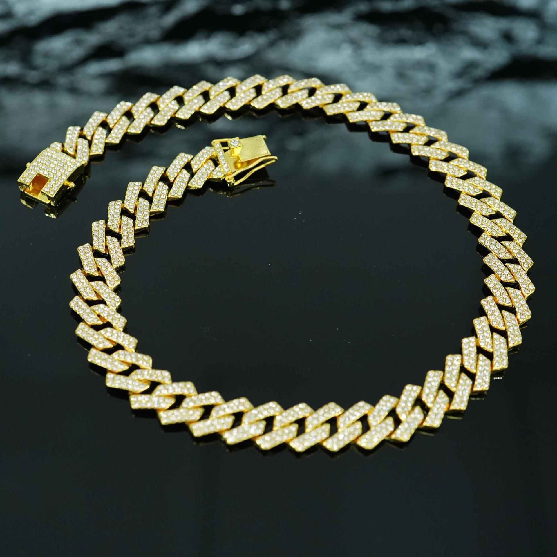 Collar de hip hop para hombre, cadena cubana de aleación de 15 mm con rombos de diamantes, doble fila, estilo hip hop 