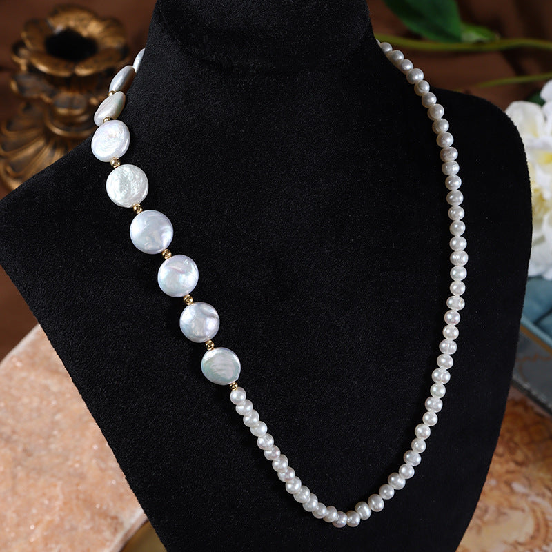 Collar de perlas naturales de agua dulce con botón barroco y cadena de clavícula