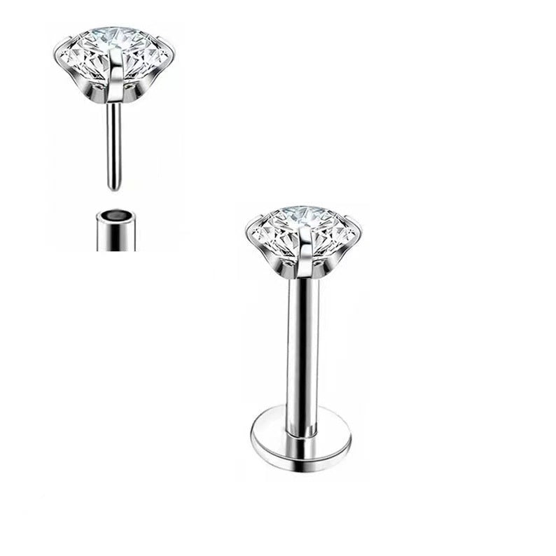 Pendientes de acero inoxidable con forma de circón de cuatro garras para la nariz y el labio perforados.
