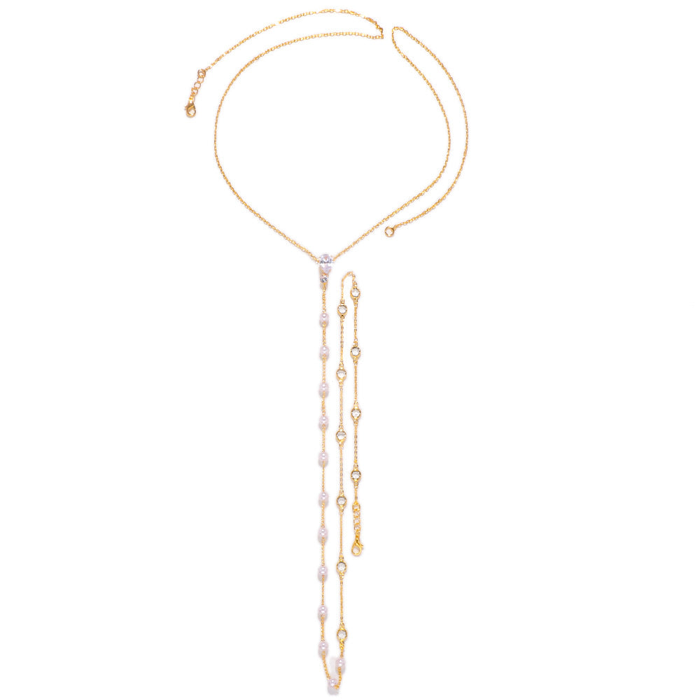 Cadena de perlas para la espalda, accesorio sencillo para vestido de novia con diamantes 