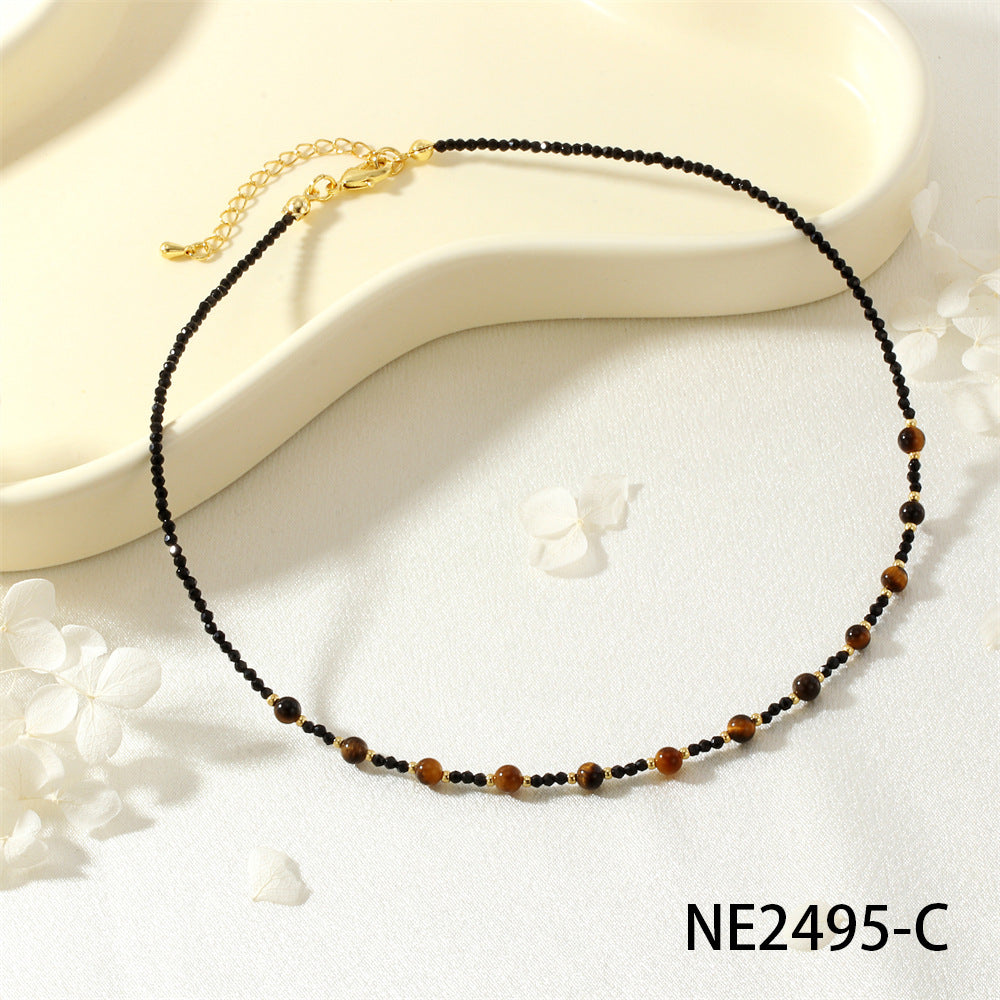 Collar de perlas de moda, collar literario con cuentas de piedra de ojo de tigre en tono Maillard nicho de moda 