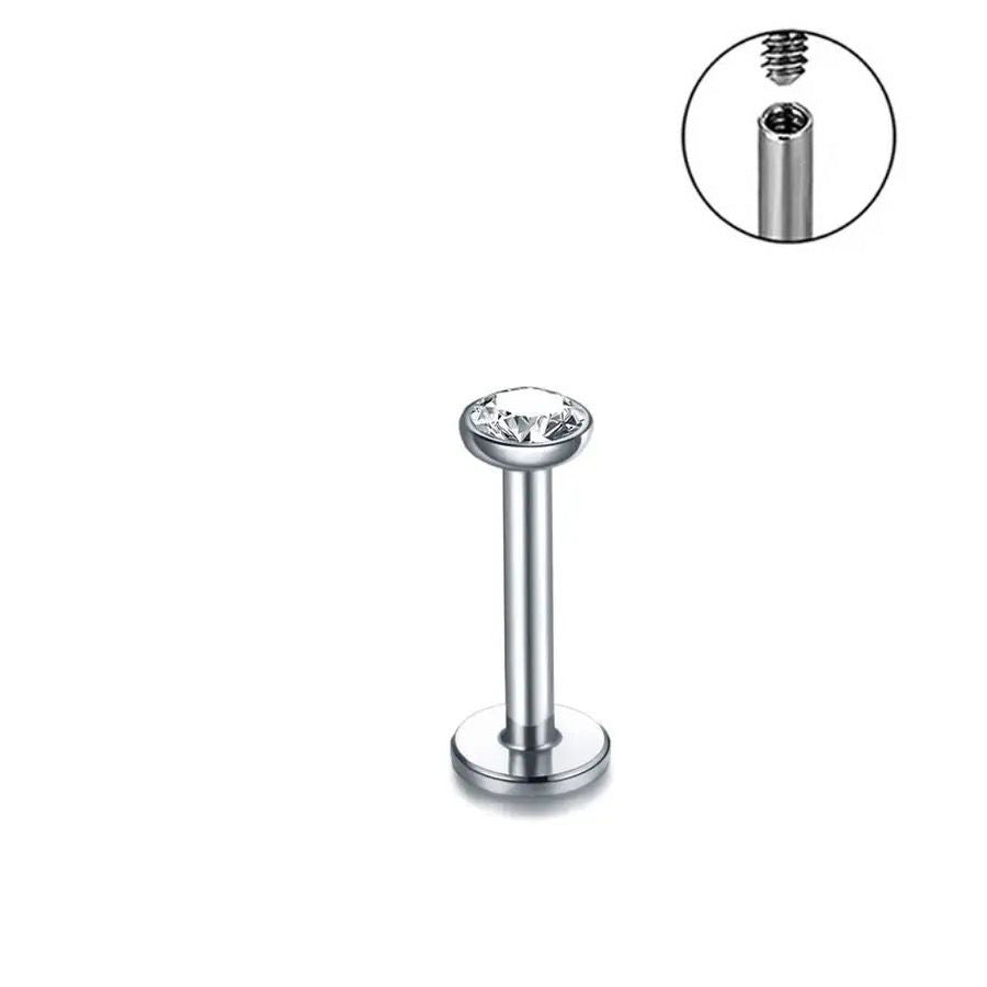 Perno de labio con perforación de bolsa de acero inoxidable de 1,5-4 mm y circonita de 1,2 mm con perforación para nariz y oreja. 