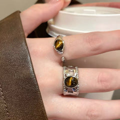 Anillo ajustable con apertura de piedra de ojo de tigre para dedo índice femenino 