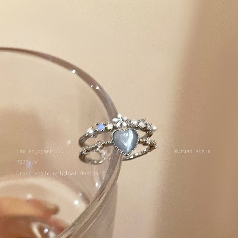 Anillo de amor azul marino, anillo de dedo índice con circonitas de luz de luna para mujer, anillo ajustable 