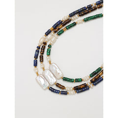 Collar de cadena de clavícula con perlas naturales de agua dulce rectangulares hechas a mano con lapislázuli para mujer 