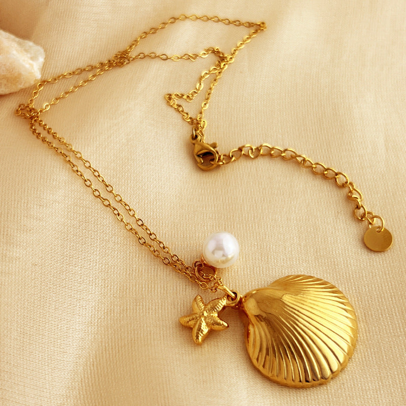 Colgante de cadena de clavícula de acero inoxidable con concha de estrella de mar chapado en oro, joyería de perlas