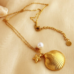 Colgante de cadena de clavícula de acero inoxidable con concha de estrella de mar chapado en oro, joyería de perlas