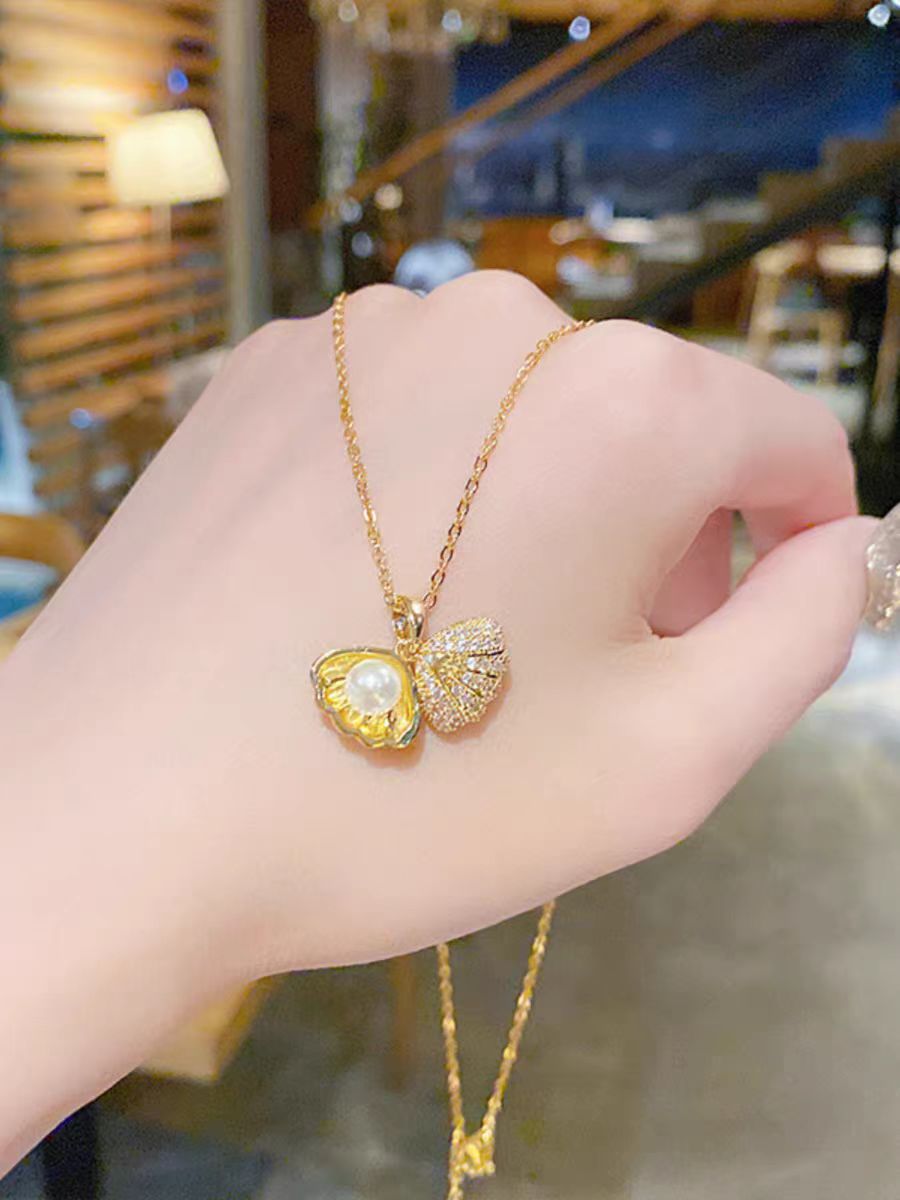 Collar de perlas de concha con microincrustaciones de circonitas, cadena corta para clavícula de mujer, 2 piezas 