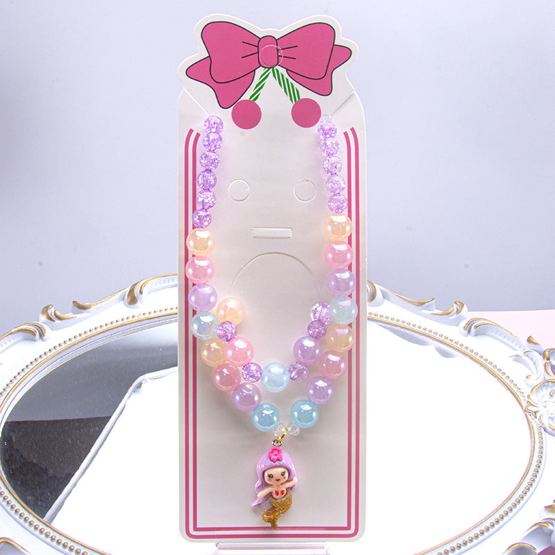 Conjunto de joyería de dibujos animados para niños, collar de perlas hecho a mano, pulsera, anillo, concha, cola de pez, unicornio 