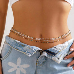 Conjunto de cadena para la cintura con cuentas de arroz de tres colores variados, versátil y a la moda, para mujer. 