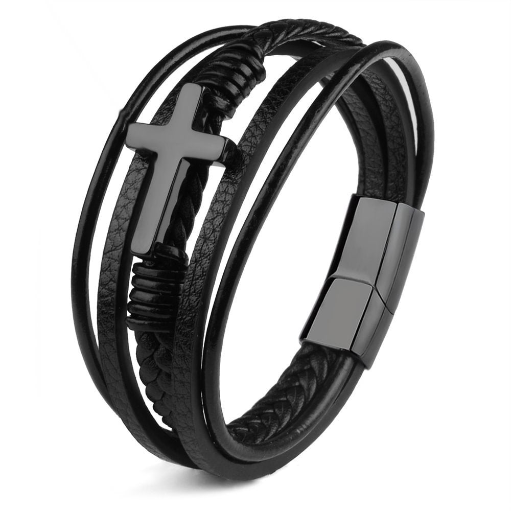 Pulsera de cuero cruzada para hombre, multicapa, tejida a mano, con hebilla magnética 