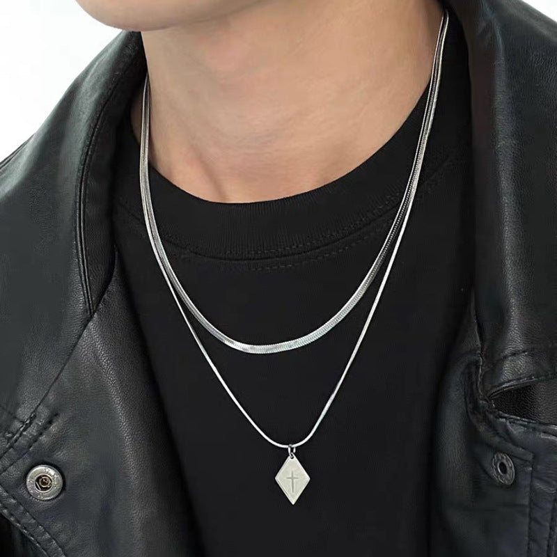 Collar de cadena cubana para hombre con circonitas cruzadas de acero y titanio 