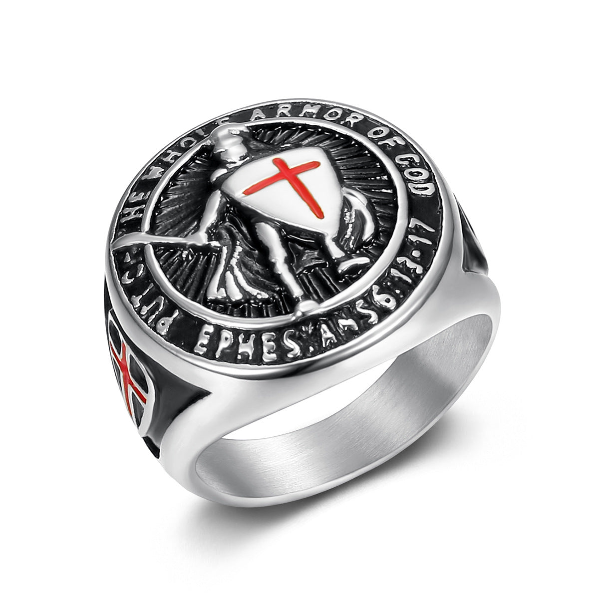Anillo de acero de titanio chapado en oro para hombre con escudo de la Cruz Roja Templaria 