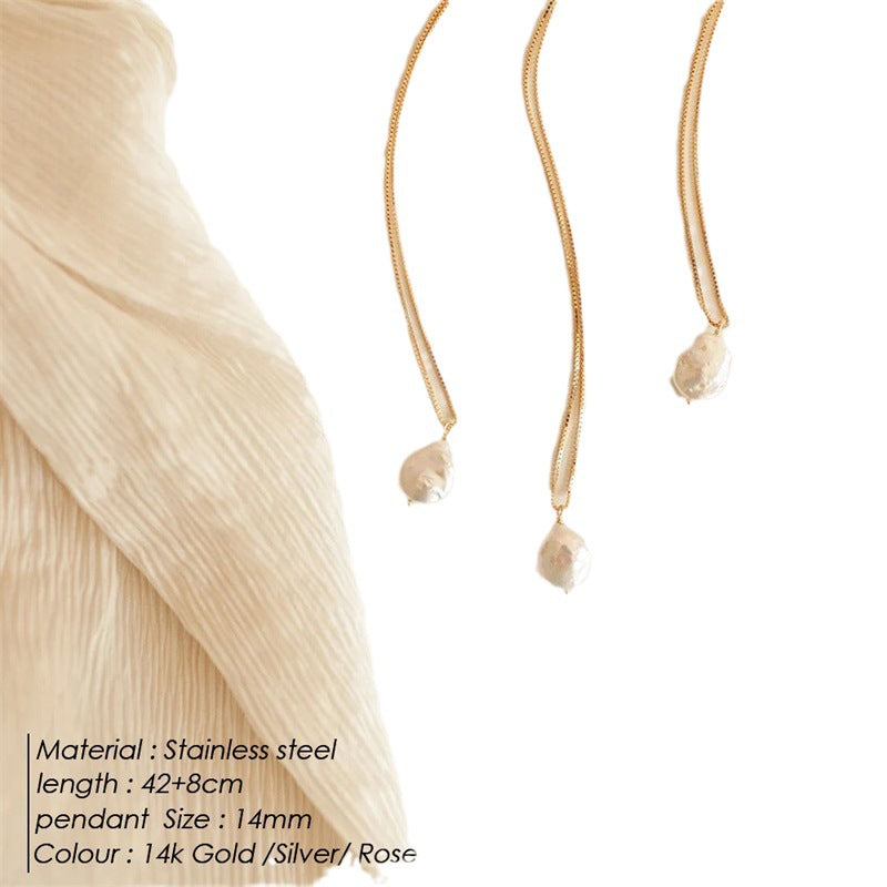Collar con colgante de perla de agua dulce barroca, cadena chapada en oro, joyería de acero de titanio 