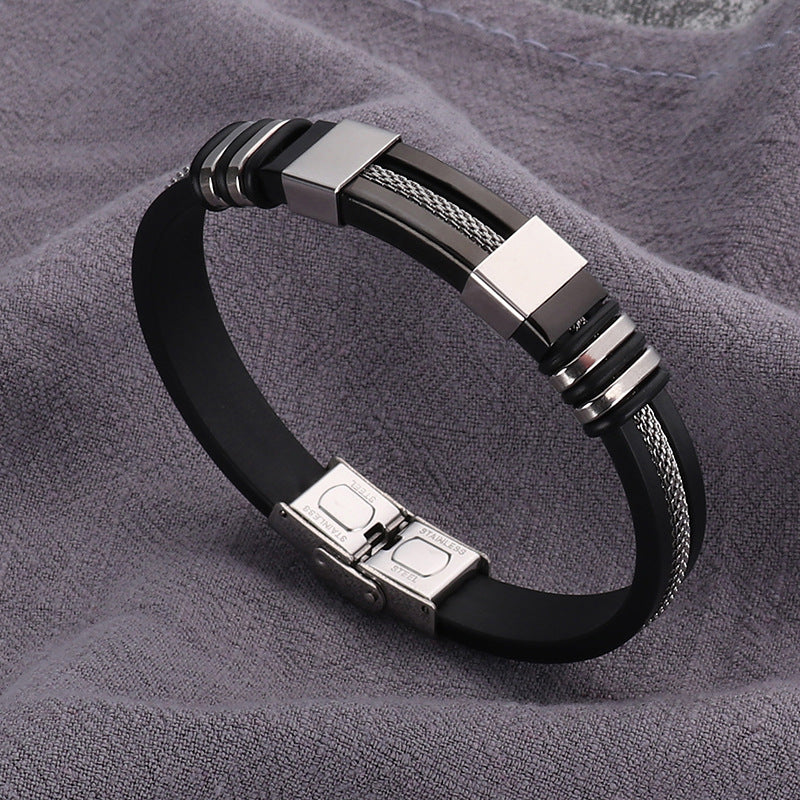 Pulsera de hip-hop para hombre de acero titanio y silicona, pulsera de acero inoxidable estilo punk 
