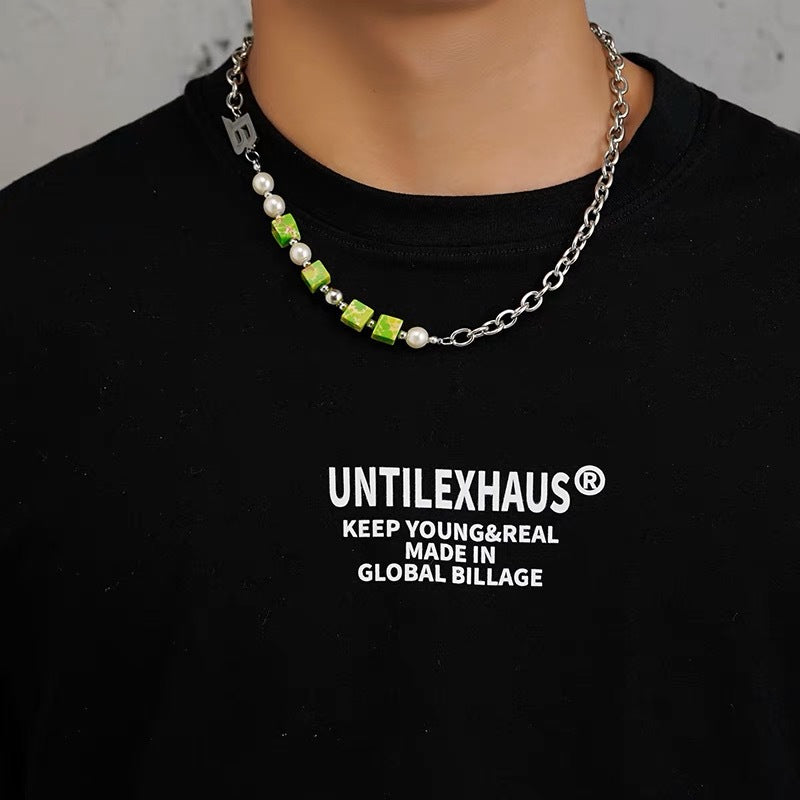 Collar de cadena cubana para hombre con circonitas cruzadas de acero y titanio 