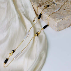 Collar de clavícula con cadena larga de ágata negra y perlas barrocas naturales 