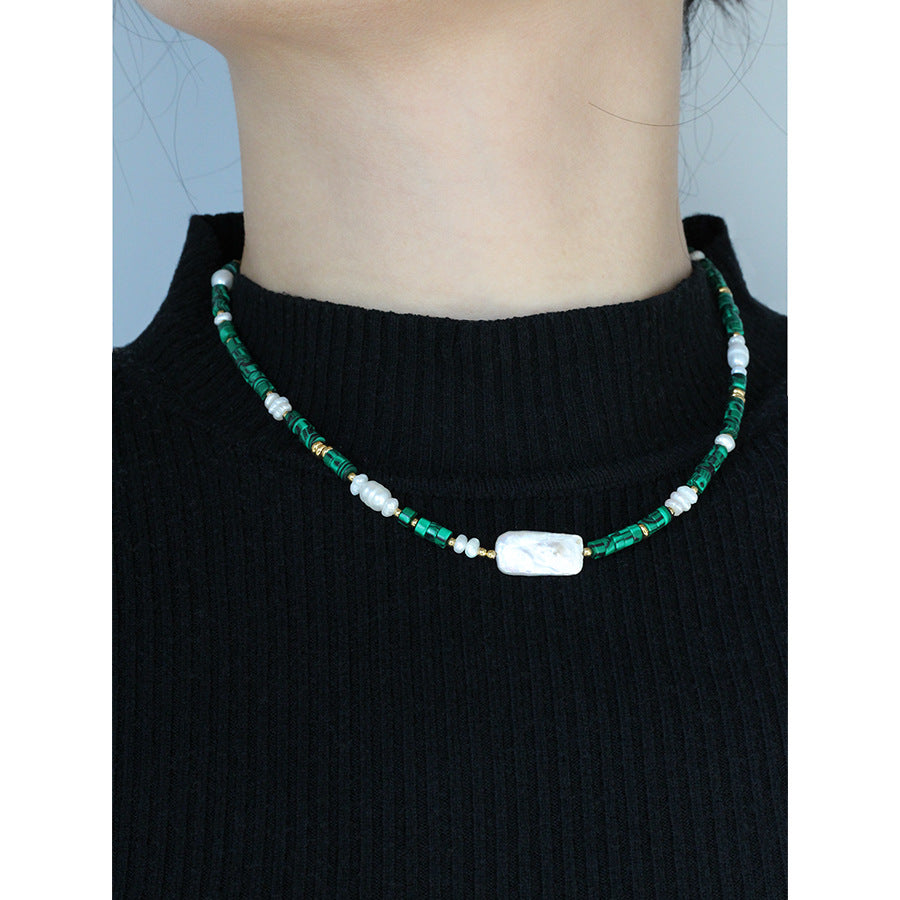 Collar de cadena de clavícula con perlas naturales de agua dulce rectangulares hechas a mano con lapislázuli para mujer 