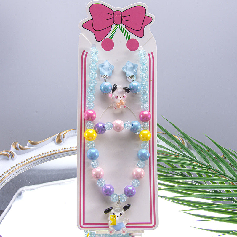 Conjunto de joyería de dibujos animados para niños, collar de perlas hecho a mano, pulsera, anillo, concha, cola de pez, unicornio 