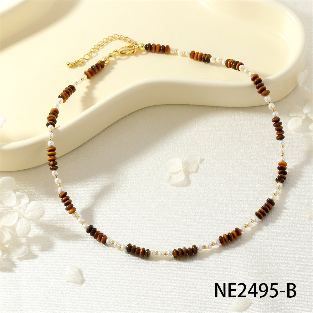 Collar de perlas de moda, collar literario con cuentas de piedra de ojo de tigre en tono Maillard nicho de moda 