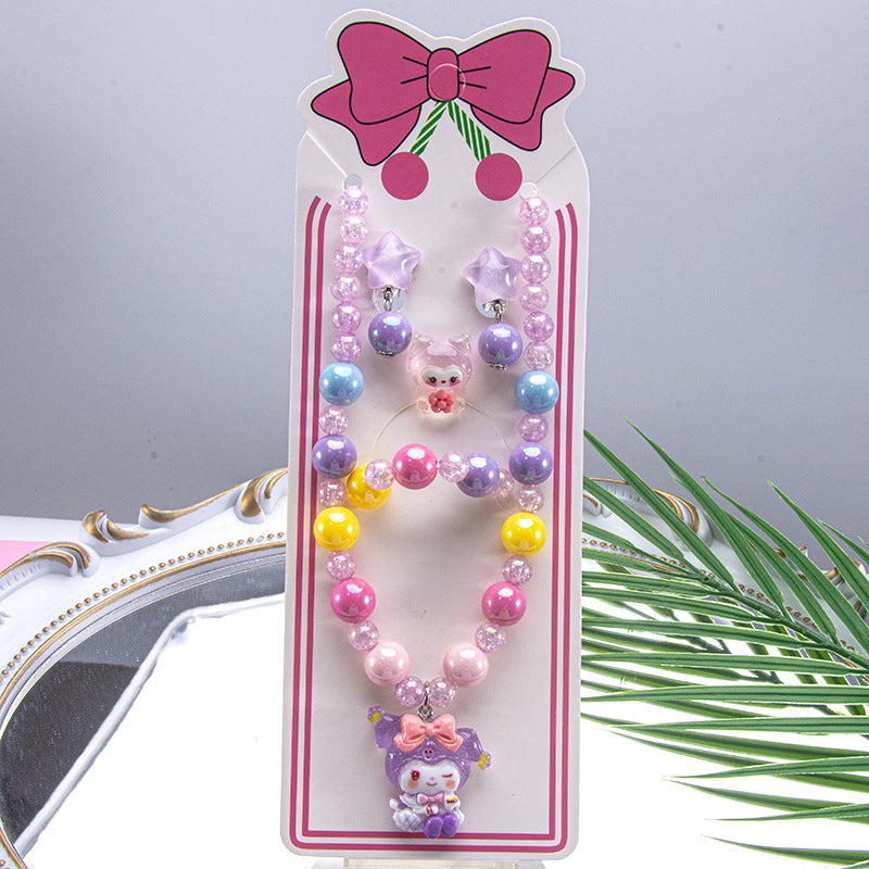 Conjunto de joyería de dibujos animados para niños, collar de perlas hecho a mano, pulsera, anillo, concha, cola de pez, unicornio 