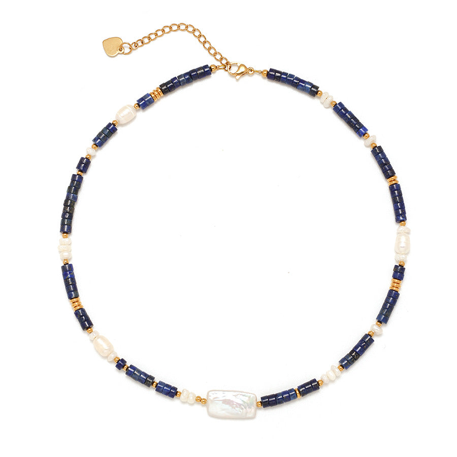 Collar de cadena de clavícula con perlas naturales de agua dulce rectangulares hechas a mano con lapislázuli para mujer 