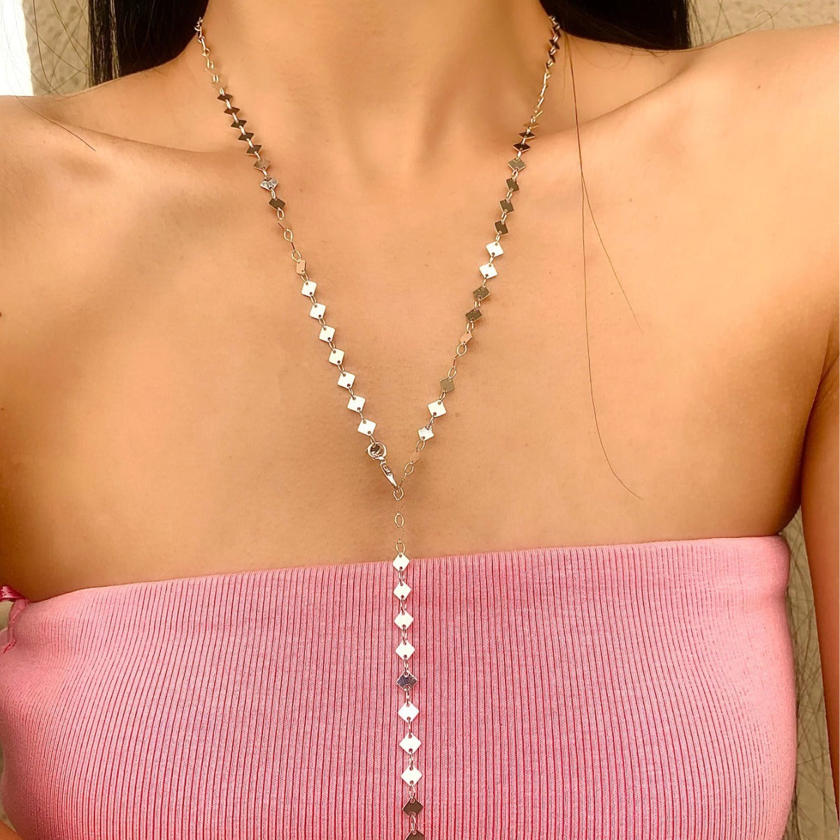 Collar largo cuadrado dorado o plateado, cadena corporal estilo europeo y americano (Compra mínima 2 piezas) 