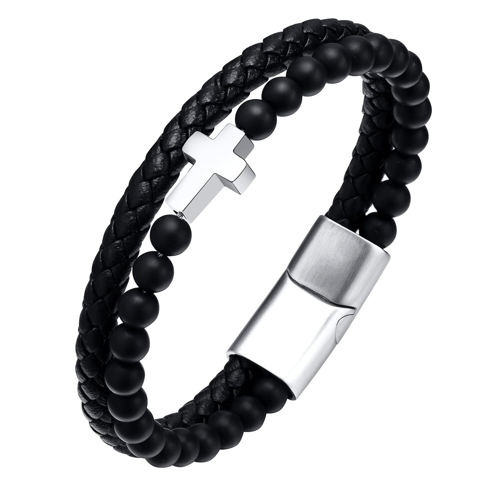 Pulsera magnética trenzada de cuero con cruz de aleación blanca y negra para hombre 