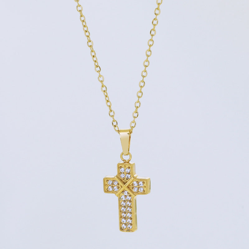 Collar de acero de titanio con cruz de circón y cadena de clavícula de acero inoxidable
