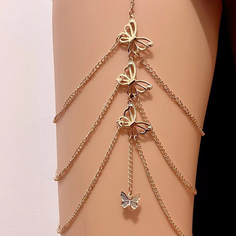 Cadena para el cuerpo con forma de mariposa dorada multicapa de encaje elástico sexy para la pierna 