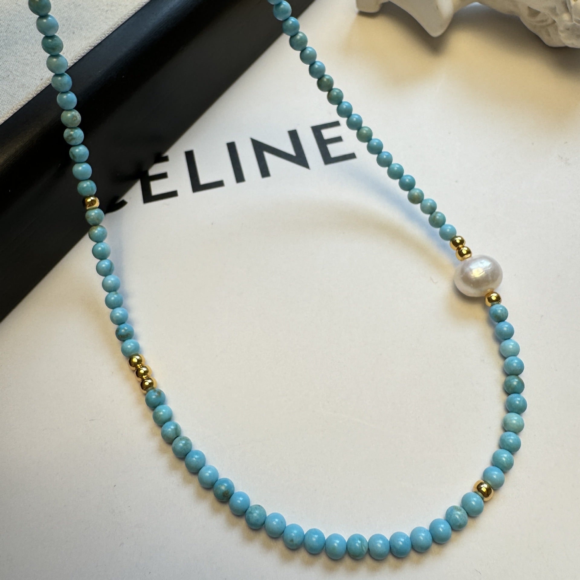 Collar de perlas de turquesa natural para mujer, cadena para el cuello. 